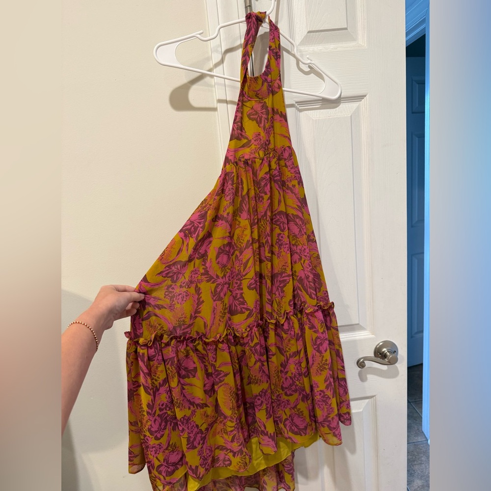 Vici Mustard and Fuchsia Floral Halter High-Low Dress